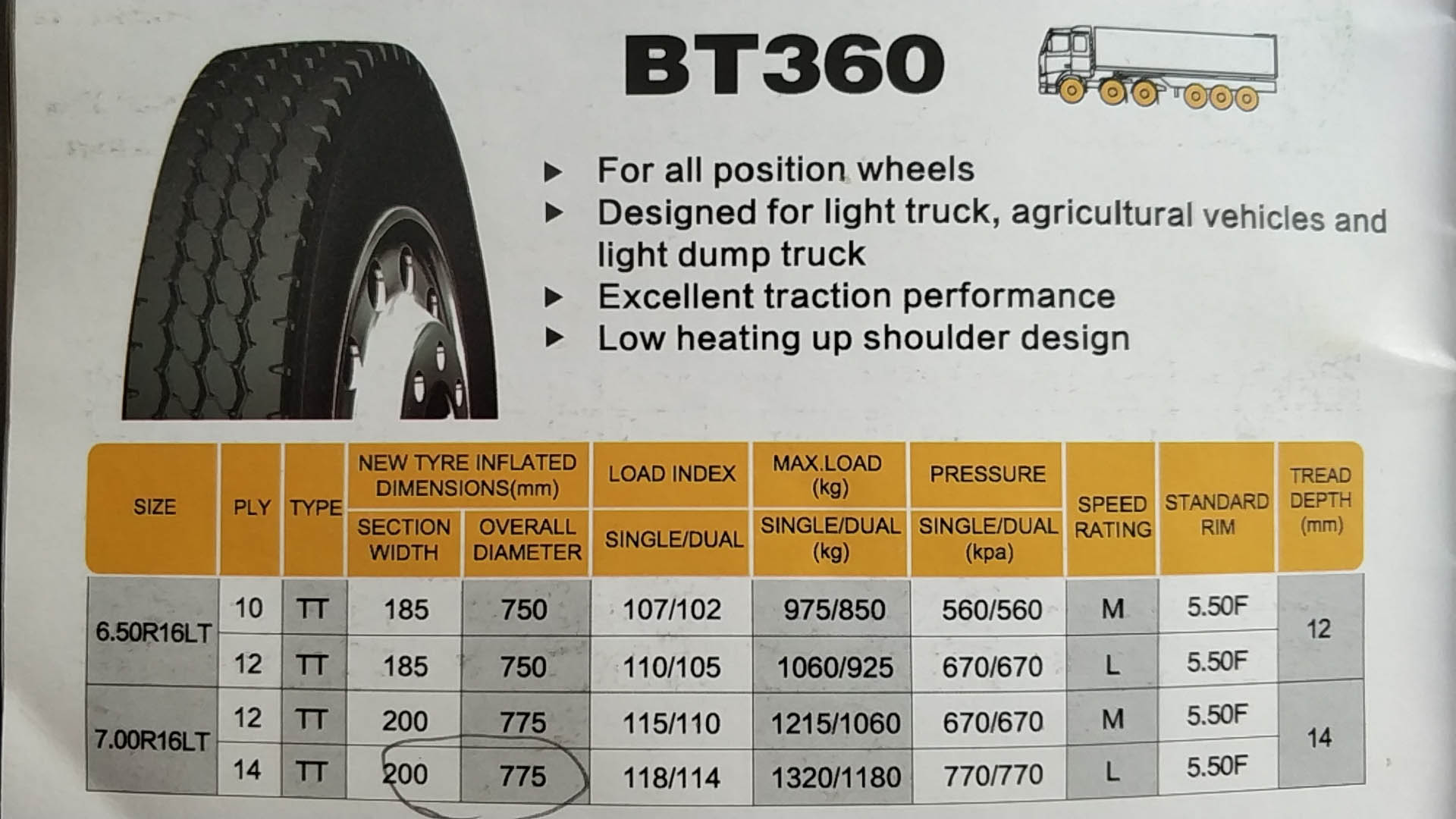 Radial Truck Tyre All Position Wheel BT360 6.50R16LT 7.00R16LT