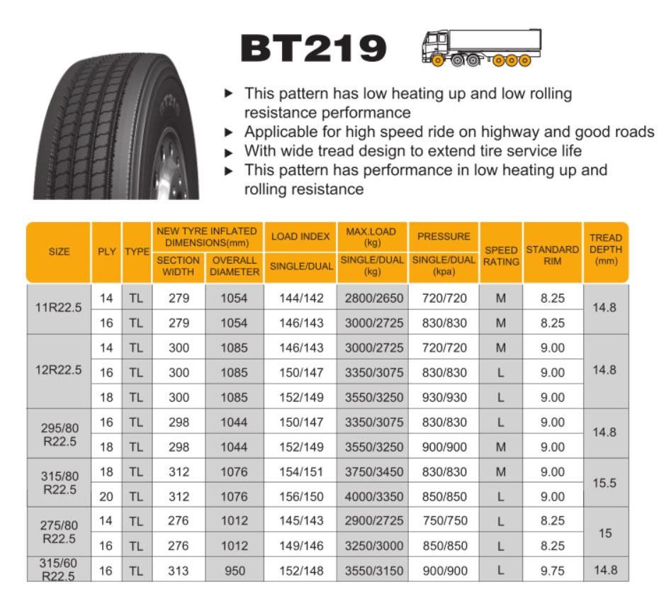 Radial Truck Tyre Trailer and Steer Wheel BT219 